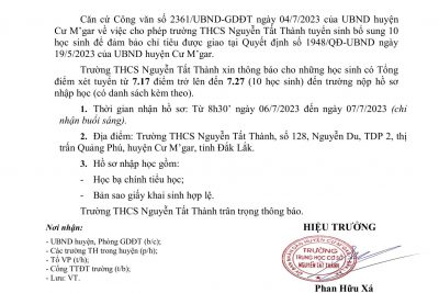 Trường THCS Nguyễn Tất Thành thông báo về việc tuyển sinh bổ sung học sinh trúng tuyển vào lớp 6 năm học 2023 – 2024