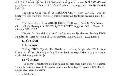 Kế hoạch giáo dục trường THCS Nguyễn Tất Thành năm học 2021 – 2022