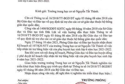 PGDĐT Cư  M’ gar ra công văn phê duyệt kế hoạch tiếp nhận tài trợ bằng hiện vật của phụ huynh học sinh lớp 6 năm học 2021 – 2022