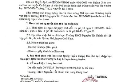Thông báo kế hoạch làm thủ tục nhập học lớp 6 năm học 2025 – 2026