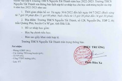 THÔNG BÁO NỘ HỒ SƠ NHẬP HỌC ĐỐI VỚI HỌC SINH TRÚNG TUYỂN VÀO LỚP 6 TRƯỜNG THCS NGUYỄN TẤT THÀNH NĂM HỌC 2022-2023