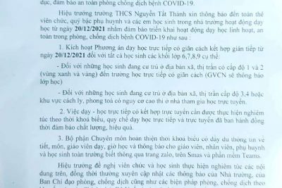 THÔNG BÁO VỀ VIỆC CHUYỂN TRẠNG THÁI TỪ DẠY HỌC TRỰC TUYẾN SANG DẠY HỌC TRỰC TIẾP