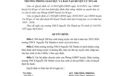 Danh sách học sinh trúng tuyển vào lớp năm học 2025 – 2026 Trường THCS Nguyễn Tất Thành, kèm theo quyết định