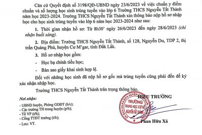 Thông báo nộp hồ sơ nhập học đối với học sinh trúng tuyển vào lớp 6 Trường THCS Nguyễn Tất Thành năm học 2023-2024